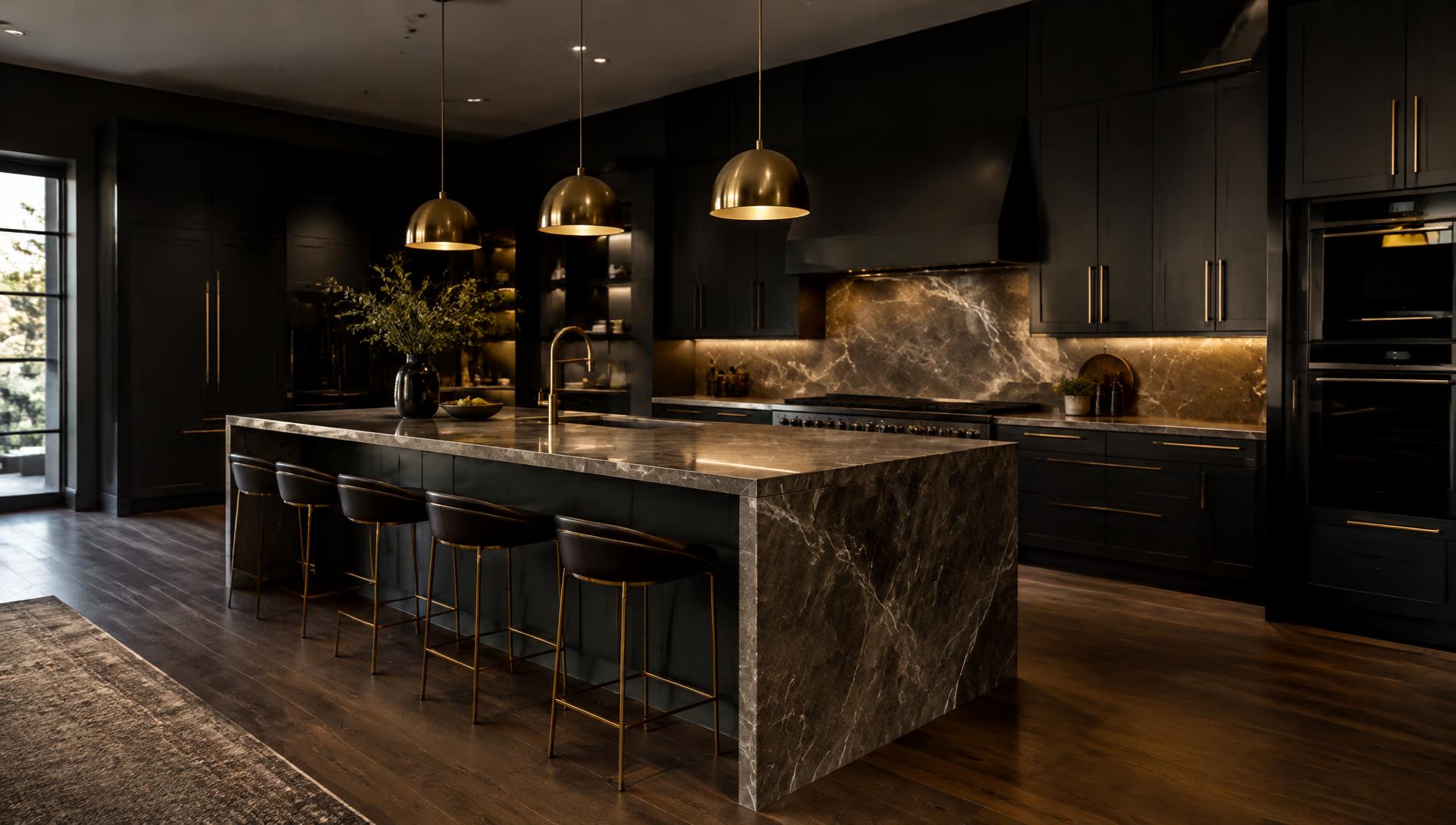 Dark luxury kitchen with marble island